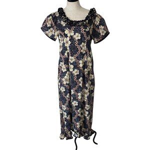 Island Attitudes Womens Vintage Maxi Dress Size Medium Black Ruffle Trim Cotton
